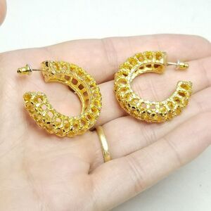 Vintage Gold Tone Hoop Earrings, Unique Retro 80s 90s Style Design, Estate